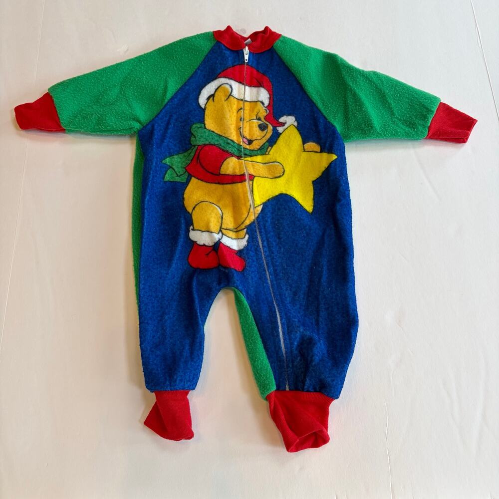Vintage 90s Y2K Santa Winnie The Pooh Fleece Christmas Footless Sleeper Pajamas